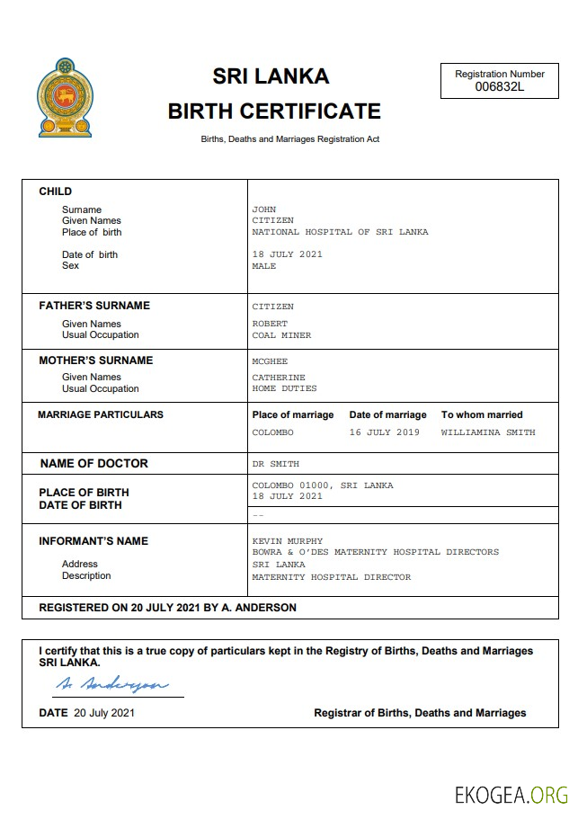 Modèle Word et PDF d'acte de naissance de l'état civil du Sri Lanka